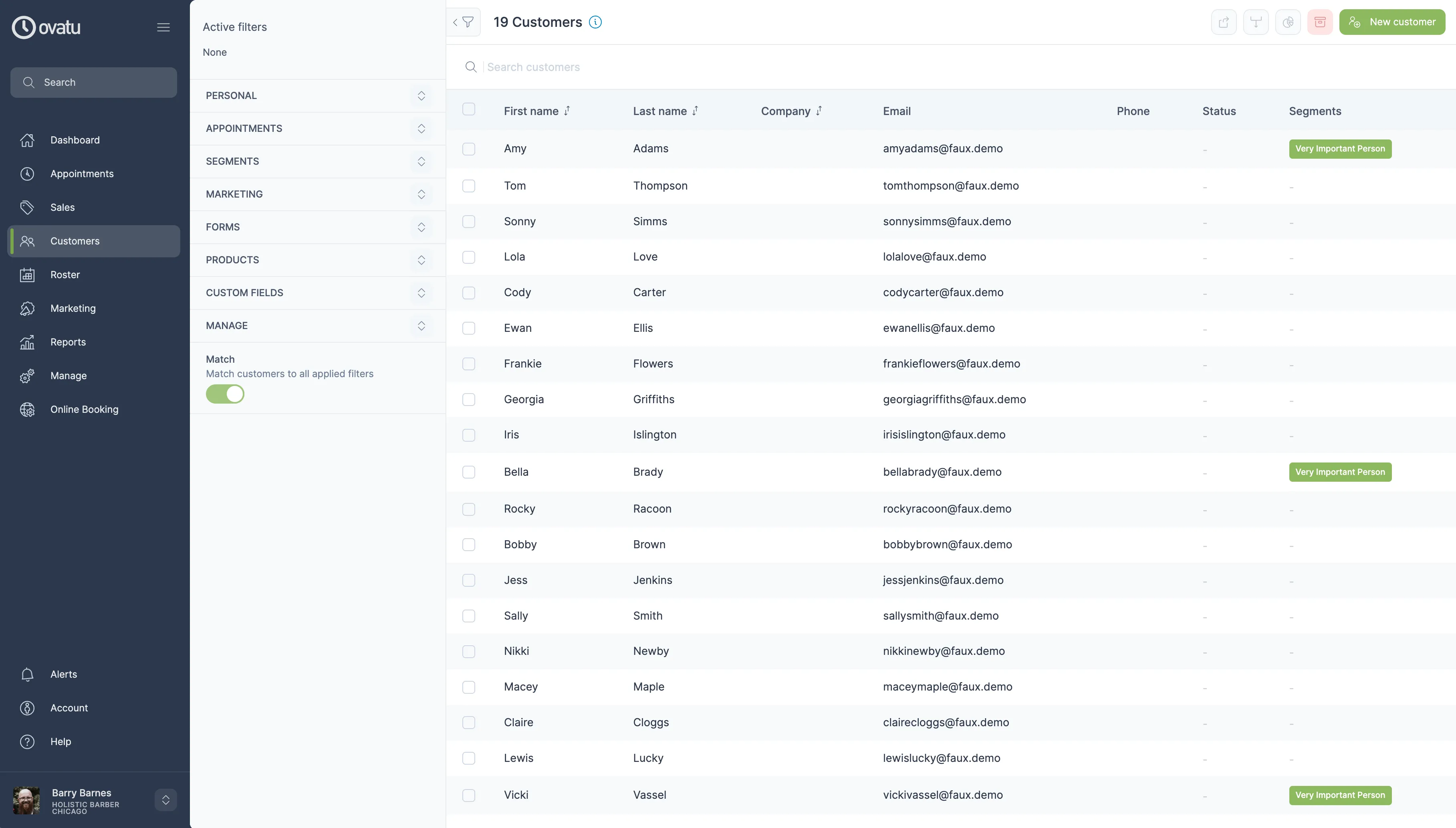 Web app customer management and filters