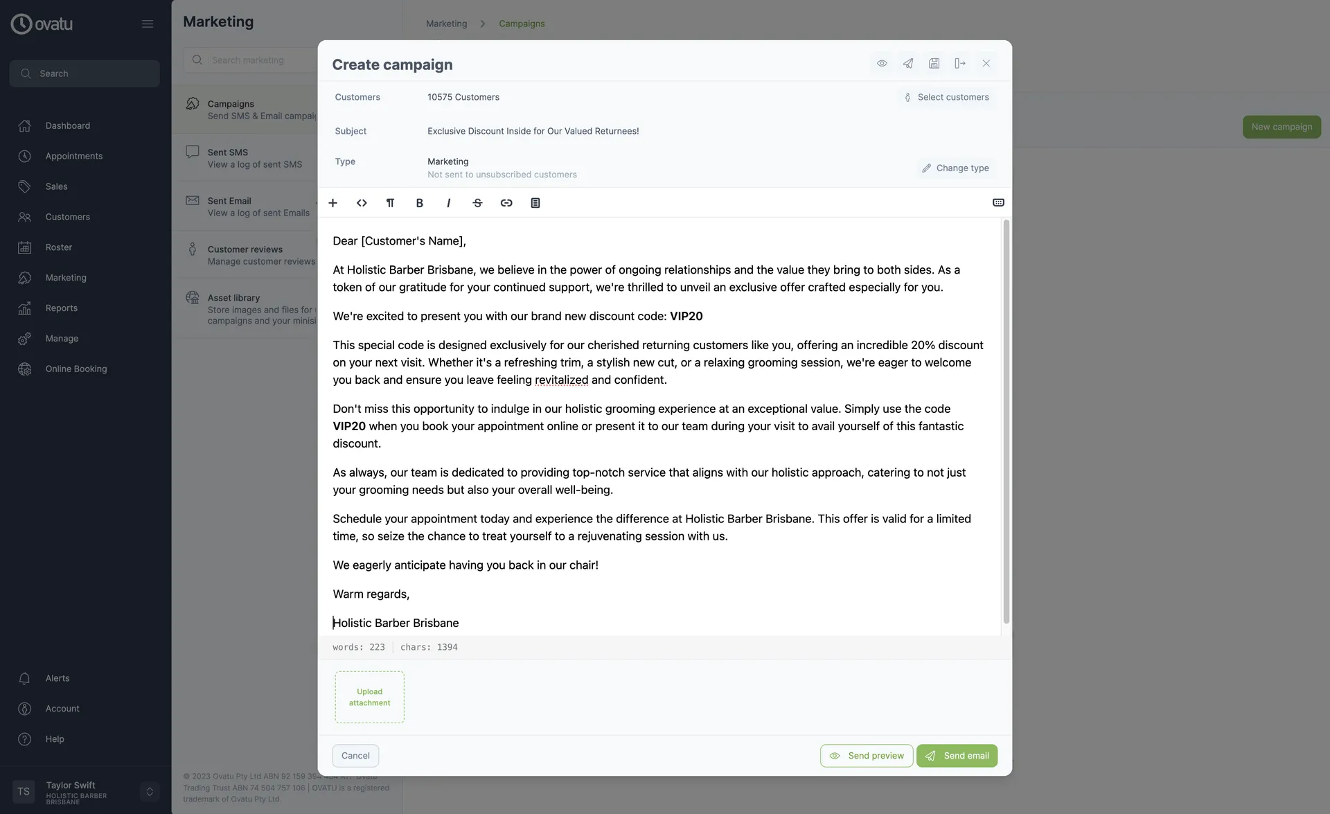 Writing a marketin campaign in the Ovatu web app